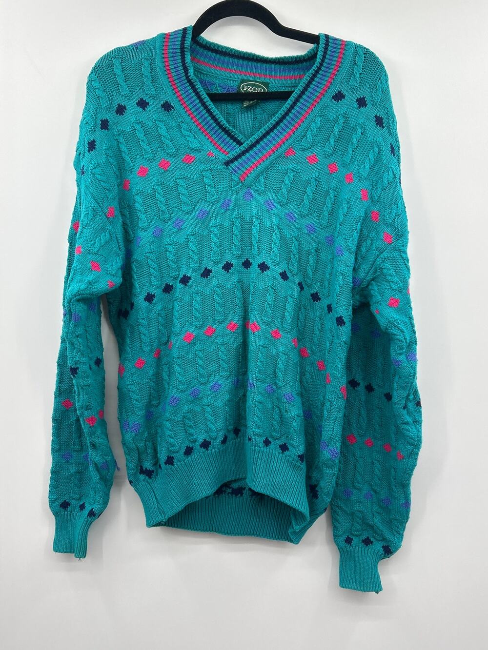 Vintage IZOD L Sweater 80s 90s Teal Cable Knit Grandpa Coastal Preppy England